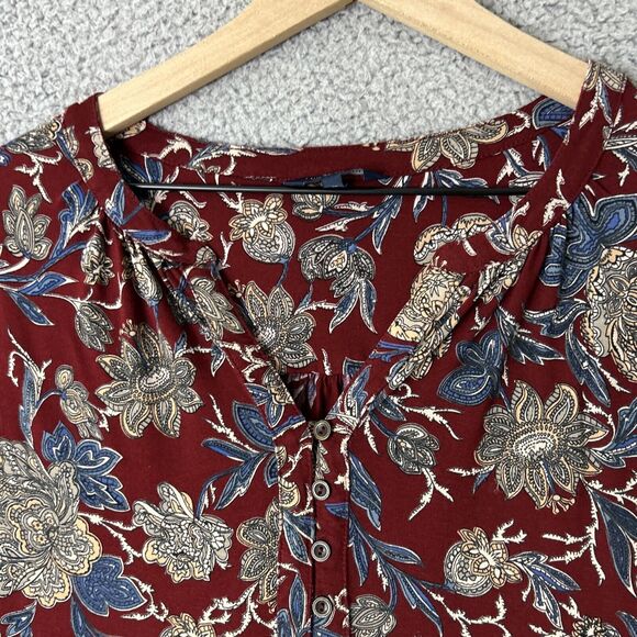 LUCKY BRAND Floral Boho Top Womens Medium Red High Low V Neck Popover Dark Fall - Picture 2 of 12